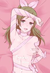 Rule 34 | 1girl, arm up, armpits, bed sheet, blush, bow, breasts, brown hair, collarbone, floating hair, from above, green eyes, hair bow, high ponytail, highres, long hair, looking at viewer, lying, medium breasts, minamino kanade, naked ribbon, navel, nude, on back, open mouth, pink background, pink bow, pink ribbon, precure, ribbon, skindentation, solo, suite precure, sweat, unpale, upper body