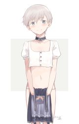 Rule 34 | 10s, 1girl, 2016, androgynous, blue dress, blue eyes, buttons, choker, closed mouth, collarbone, cowboy shot, crop top, cross, dated, dress, unworn dress, eyebrows, flat chest, head tilt, iron cross, kantai collection, kawashina (momen silicon), looking at viewer, navel, panties, puffy short sleeves, puffy sleeves, short sleeves, silver hair, smile, solo, standing, stomach, tareme, two-tone background, underwear, white panties, z1 leberecht maass (kancolle)