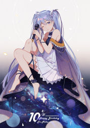 Rule 34 | blue eyes, blue hair, blush, character name, dated, double exposure, dress, from side, full body, hair between eyes, hatsune miku, long hair, microphone, milky way, one eye closed, sitting, smile, solo, star (sky), twintails, very long hair, vocaloid, wink, yuki miku