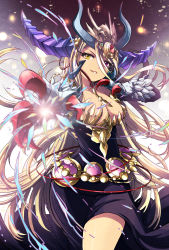 Rule 34 | 1girl, blonde hair, breasts, claws, cleavage, dress, foreshortening, grin, heterochromia, highres, horns, long hair, pikomarie, purple eyes, puzzle &amp; dragons, smile, solo, sonia gran reverse, standing, very long hair, yellow eyes