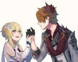 Rule 34 | 1boy, 1girl, ahoge, bad id, bad pixiv id, bare shoulders, blonde hair, cape, capelet, coat, collared jacket, earrings, flower, gauntlets, genshin impact, gloves, hair between eyes, hair flower, hair ornament, holding hands, jacket, jewelry, kino (m6t2a), long sleeves, looking at another, lumine (genshin impact), mask, mask on head, open mouth, orange hair, short hair, simple background, single earring, tartaglia (genshin impact), white background, white coat, yellow eyes