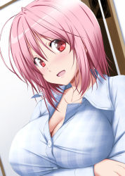 Rule 34 | 1girl, :d, blue pajamas, blush, breast hold, breasts, cleavage, collarbone, commentary request, hair between eyes, indoors, large breasts, long sleeves, looking at viewer, no headwear, nori tamago, open mouth, pajamas, pink hair, red eyes, saigyouji yuyuko, short hair, smile, solo, touhou, upper body