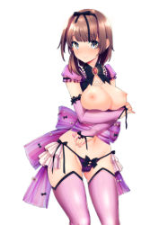 Rule 34 | 1girl, 3:, blush, bow, bow panties, breast hold, breastless clothes, breasts, breasts out, bridal gauntlets, brooch, brown eyes, cowboy shot, crossed arms, detached sleeves, dress, highres, jewelry, large breasts, long hair, looking at viewer, necklace, nipples, original, panties, pink thighhighs, puffy short sleeves, puffy sleeves, revealing clothes, short sleeves, side-tie panties, simple background, solo, standing, suihei sen, thighhighs, underwear, white background