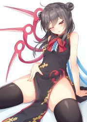 Rule 34 | 1girl, ahoge, alternate costume, alternate hairstyle, arm support, asymmetrical wings, black hair, black thighhighs, blush, bow, china dress, chinese clothes, covered navel, double bun, dress, hair bun, half-closed eye, highres, houjuu nue, igayan, looking at viewer, one eye closed, pelvic curtain, red bow, red eyes, simple background, sitting, skindentation, solo, spread legs, tareme, thighhighs, thighs, touhou, white background, wings