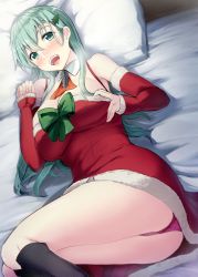 Rule 34 | 1girl, aqua hair, ass, bare shoulders, bed sheet, black legwear, blush, boots, bow, breasts, christmas tree hair ornament, cleavage, detached collar, detached sleeves, dress, fur trim, gin&#039;ichi (akacia), green bow, hair between eyes, hair ornament, kantai collection, large breasts, long hair, looking at viewer, lying, nose blush, on back, on bed, open mouth, panties, pantyshot, pillow, pink panties, red dress, red neckwear, santa costume, self exposure, sleeves past wrists, solo, straight hair, suzuya (kancolle), underwear