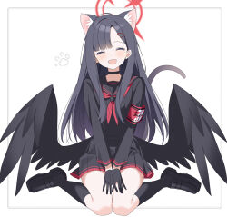 Rule 34 | 1girl, ^ ^, animal ears, armband, asymmetrical bangs, black choker, black gloves, black hair, black socks, black wings, blue archive, blunt bangs, blush, cat ears, cat tail, choker, closed eyes, extra ears, feathered wings, full body, gloves, halo, highres, ichika (blue archive), long hair, neckerchief, nekoln, own hands together, paw print, pleated skirt, red armband, red neckerchief, simple background, sitting, skirt, smile, socks, solo, straight hair, tail, very long hair, wariza, white background, wings