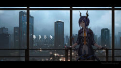 Rule 34 | 1girl, antenna mast, arknights, text background, black jacket, breasts, brown shorts, building, ch&#039;en (arknights), city lights, cityscape, cloud, cloudy sky, commentary request, copyright name, cowboy shot, dragon horns, dragon tail, expressionless, fingerless gloves, gloves, hair between eyes, highres, highway, hood, hood down, hooded jacket, horns, indoors, jacket, lamppost, leaning, leaning back, leaning on object, letterboxed, long hair, looking away, looking to the side, low twintails, lying, medium breasts, midriff, midriff peek, mool yueguang, multiple swords, necktie, on back, orange eyes, orange necktie, purple hair, railing, red eyes, shirt, short shorts, short sleeves, shorts, sidelocks, sky, skyscraper, solo, tail, twintails, unbuttoned, walkie-talkie, weapon, weapon on back, white shirt, window