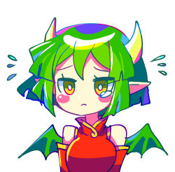 Rule 34 | 1girl, breasts, brown eyes, chibi, china dress, chinese clothes, close-up, detached sleeves, draco centauros, dragon girl, dragon horns, dragon wings, dress, green hair, highres, horns, large breasts, looking at viewer, offbeat, pointy ears, puyopuyo, red dress, short hair, solo, upper body, wings