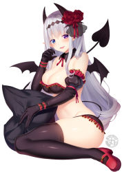 Rule 34 | 1girl, :d, black bra, black gloves, black thighhighs, black wings, bra, breasts, cleavage, demon girl, demon horns, demon tail, demon wings, detached collar, elbow gloves, flower, from side, gloves, hair between eyes, hair flower, hair ornament, hand to own mouth, heterochromia, horns, large breasts, long hair, looking at viewer, matatabi maru, open mouth, original, pillow, pillow grab, pink footwear, signature, silver hair, simple background, sitting, smile, solo, tail, thighhighs, thighs, underwear, very long hair, wariza, white background, wings