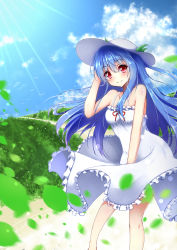 Rule 34 | 1girl, bird, blue hair, blurry, blush, breasts, cloud, cloudy sky, day, depth of field, dress, frilled dress, frills, grass, hand on headwear, hat, highres, hinanawi tenshi, hip focus, legs, lens flare, light rays, long hair, looking at viewer, path, petals, red eyes, road, sky, small breasts, smile, solo, standing, sun hat, sundress, sunlight, touhou, white dress, wind, ymd (holudoun)