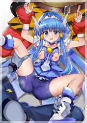 Rule 34 | 1girl, 2boys, akaooni, ankle grab, aoki reika, bike shorts, blue dress, blue eyes, blue hair, blunt bangs, breasts, bulge, colored skin, commentary request, crotch seam, cure beauty, dress, erection, erection under clothes, fingernails, foot out of frame, frilled dress, frills, furry, furry male, furry with non-furry, hair tubes, hetero, highres, holding another&#039;s wrist, imminent rape, interspecies, long hair, looking at viewer, magical girl, medium breasts, multiple boys, nipples, precure, pukara, red skin, restrained, scared, sharp fingernails, short shorts, shorts, smile precure!, solo focus, spread legs, sweat, tears, tiara, torn clothes, torn dress, very long hair, wolfrun