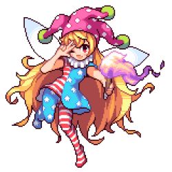 Rule 34 | 1girl, bad id, bad pixiv id, bare arms, blonde hair, clownpiece, dress, fairy wings, fire, full body, hat, holding, ichi et, jester cap, long hair, looking at viewer, lowres, neck ruff, one eye closed, pantyhose, pink hat, pixel art, polka dot, red eyes, short dress, simple background, solo, star (symbol), star print, striped clothes, striped dress, striped pantyhose, torch, touhou, transparent background, v, very long hair, white background, wings
