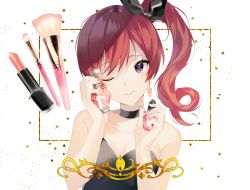 Rule 34 | 1girl, bad id, bad pixiv id, bare arms, bare shoulders, black choker, black dress, black ribbon, blush, bottle, breasts, choker, cleavage, collarbone, cosmetics, dress, drill hair, earrings, hair ribbon, jewelry, lipstick tube, long hair, looking at viewer, makeup brush, nail polish, one eye closed, original, parted lips, perfume bottle, pink nails, purple eyes, red hair, ribbon, side ponytail, small breasts, smile, solo, star (symbol), strapless, strapless dress, swept bangs, upper body, white background, yuhi (hssh 6)