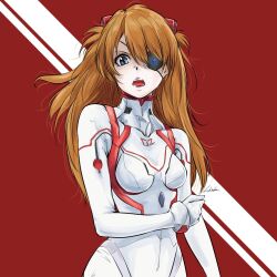 Rule 34 | 1girl, artist request, blue eyes, bodysuit, breasts, brown hair, evangelion: 3.0+1.0 thrice upon a time, eyepatch, floating hair, hair ornament, long hair, looking at viewer, medium breasts, neon genesis evangelion, open mouth, pilot suit, plugsuit, rebuild of evangelion, red background, shiny clothes, skin tight, solo, souryuu asuka langley, tsundere, two side up, very long hair, white bodysuit