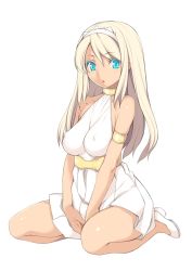 Rule 34 | 1girl, :o, aqua eyes, armlet, bare shoulders, blonde hair, blush, breasts, choker, dark skin, dark-skinned female, dress, covered erect nipples, full body, hairband, impossible clothes, impossible dress, kinoshita ichi, large breasts, long hair, looking at viewer, md5 mismatch, no bra, open mouth, original, seiza, shoes, short dress, simple background, sitting, solo, tareme, white background, white footwear