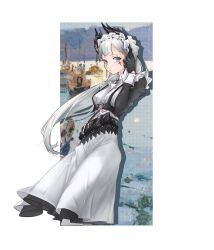 Rule 34 | 1girl, apron, arknights, black dress, black gloves, closed mouth, collared shirt, commentary request, dress, gloves, grey eyes, grey hair, hand up, highres, irene (arknights), irene (voyage of feathers) (arknights), juliet sleeves, lafeikeloi, long hair, long sleeves, looking at viewer, puffy sleeves, shirt, snow, solo, very long hair, waist apron, white apron, white shirt