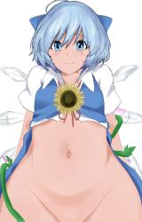 Rule 34 | 1girl, :3, bad id, bad pixiv id, blue bow, blue dress, blue eyes, blue hair, bow, cirno, closed mouth, dress, flower, graphite (medium), groin, hair between eyes, hair bow, highres, hip focus, ice, ice wings, kuropan122, looking at viewer, mechanical pencil, morning glory, navel, no panties, out-of-frame censoring, pencil, plant, short hair, short sleeves, smile, solo, stomach, sunflower, tan, tanned cirno, touhou, traditional media, upper body, vines, wings