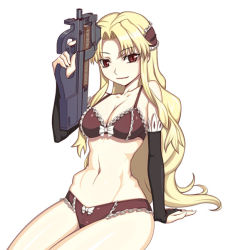 Rule 34 | 00s, 1girl, bra, breasts, bullpup, caryo, cleavage, coyote ragtime show, gun, horizontal magazine, january (coyote ragtime show), lingerie, nanashino, narrow waist, p90, panties, personal defense weapon, see-through, solo, submachine gun, translucent, underwear, underwear only, weapon