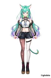 Rule 34 | 1girl, absurdres, animal ear fluff, aqua eyes, aqua hair, black footwear, blue eyes, blue hair, cat girl, chain, chain necklace, commentary request, crop top, denim, denim shorts, full body, globie, gradient hair, hair ornament, heterochromia, highres, jacket, jewelry, multicolored hair, necklace, official art, open clothes, open jacket, pantyhose, purple hair, reina ronronea, revision, see-through, see-through jacket, shorts, single thighhigh, solo, thighhighs, torn clothes, torn pantyhose, virtual youtuber, white jacket, white thighhighs, x hair ornament, yuki haru