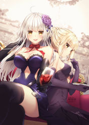 Rule 34 | 2girls, ahoge, alcohol, artist name, artoria pendragon (all), artoria pendragon (fate), black dress, blonde hair, blue dress, braid, braided bun, breasts, brown eyes, cleavage, collarbone, commentary request, couch, cup, dress, drinking glass, elbow gloves, fate/grand order, fate (series), flower, food, gloves, hair between eyes, hair bun, hair flower, hair ornament, highres, holding, holding food, indoors, jeanne d&#039;arc (fate), jeanne d&#039;arc alter (avenger) (fate), jeanne d&#039;arc alter (fate), large breasts, long hair, looking at viewer, multiple girls, official alternate costume, purple dress, purple flower, red ribbon, ribbon, rosuuri, saber alter, sidelocks, silver hair, sitting, smile, strapless, strapless dress, thighhighs, very long hair, wine, wine glass