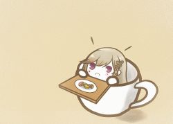 Rule 34 | 1girl, azur lane, chibi, cup, dunkerque (azur lane), food, grey hair, hair ornament, holding, holding tray, koti, long hair, macaron, purple eyes, simple background, solo, tray, x hair ornament, yellow background