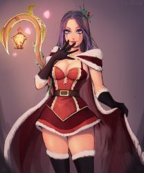 Rule 34 | 1girl, absurdres, black gloves, black thighhighs, blue eyes, breasts, cape, christmas, closed mouth, copyright request, cowboy shot, dress, fur trim, gloves, hair ornament, hand up, highres, jewelry, lantern, large breasts, league of legends, leblanc (league of legends), looking at viewer, matilda fiship, mistletoe leblanc, necklace, parted bangs, purple hair, red cape, santa costume, short dress, smile, solo, thighhighs