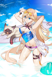 Rule 34 | 1girl, absurdres, armpits, arms behind head, ball, beach, beachball, belt, bianka durandal ataegina, bianka durandal ataegina (valkyrie gloria), blonde hair, blue eyes, blue shirt, breasts, cat, cleavage, clothes writing, cloud, commentary request, day, earrings, eyewear on head, hair between eyes, hand in own hair, highres, honkai (series), honkai impact 3rd, jewelry, large breasts, long hair, looking to the side, micro shorts, orange-tinted eyewear, outdoors, palm tree, rimless eyewear, see-through, shirt, shorts, sin (btc86amme), smile, stan (honkai impact), sunglasses, surfboard, tinted eyewear, tree, very long hair, vest, wading, wristband