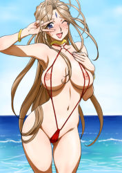 Rule 34 | aa megami-sama, belldandy, bikini, blue eyes, blush, bracelet, breast suppress, breasts, brown hair, cowboy shot, day, earrings, embarrassed, facial mark, forehead mark, gluteal fold, highres, jewelry, joy division, large breasts, long hair, looking at viewer, navel, neck ring, nipples, nose blush, o-ring, o-ring bikini, ocean, one-piece swimsuit, one eye closed, open mouth, outdoors, red bikini, red one-piece swimsuit, revealing clothes, slingshot swimsuit, sweat, swimsuit, v, water