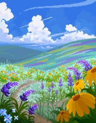 Rule 34 | blue sky, cloud, commentary, contrail, day, english commentary, field, flower, flower field, flower request, grass, hill, jubilee (8pxl), lavender (flower), no humans, original, outdoors, path, pixel art, purple flower, road, scenery, sky, white flower, yellow flower
