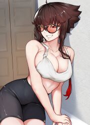Rule 34 | 1girl, ahoge, bare arms, bare shoulders, bike shorts, black shorts, bra, breasts, bright pupils, brown hair, cleavage, collarbone, colored tips, covered navel, cowboy shot, glasses, grin, hair between eyes, high-waist shorts, highres, large breasts, leaning to the side, liz (nin fake), looking at viewer, midriff, multicolored hair, nin fake, original, red eyes, red hair, short hair with long locks, shorts, sidelocks, smile, solo, spiked hair, sports bra, tinted eyewear, underwear, white bra