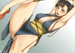 Rule 34 | 1girl, alternate costume, arms up, black eyes, black hair, blush, breasts, capcom, chinese clothes, chun-li, cleavage, covered erect nipples, cum, cum on body, cum on lower body, double bun, female focus, futurepack, hair bun, large breasts, leg lift, leg up, legs, open mouth, saliva, short hair, simple background, standing, street fighter, sweat, tears, thighs