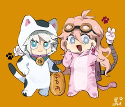 Rule 34 | 1boy, 1girl, :d, animal costume, antenna hair, blonde hair, blue eyes, cat costume, chibi, commentary, danganronpa (series), danganronpa v3: killing harmony, dated, fang, goggles, goggles on head, green eyes, grey hair, hair between eyes, hand on own hip, hand up, iruma miu, k1-b0, long hair, mechanical arms, open mouth, orange background, paw print, pink hair, short hair, signature, simple background, skin fang, smile, standing, symbol-only commentary, tail, translation request, v, white hair, xian (axxxx-721)