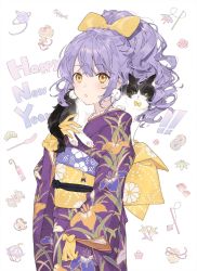 Rule 34 | 1girl, animal, bow, bowtie, cat, cat teaser, earrings, english text, floral print, gloves, highres, holding, holding animal, holding cat, horiizumi inko, japanese clothes, jewelry, kimono, looking at viewer, new year, open mouth, original, ponytail, purple hair, standing, yarn, yarn ball, yellow eyes, yukata