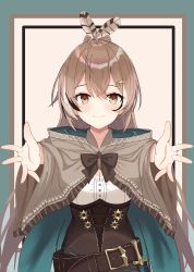 Rule 34 | 1girl, absurdres, ahoge, belt, blush, brown eyes, brown hair, cloak, corset, dagger, feathers, hair ornament, hieroglyphics, highres, hololive, hololive english, hug, knife, long hair, looking at viewer, nanashi mumei, onier, open hands, ponytail, ribbon, shirt, smile, virtual youtuber, weapon