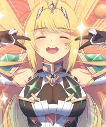 Rule 34 | 1girl, blonde hair, breasts, cat with a brush, chest jewel, dress, earrings, elbow gloves, gloves, jewelry, large breasts, long hair, mythra (xenoblade), short dress, solo, swept bangs, tiara, very long hair, white dress, white gloves, xenoblade chronicles (series), xenoblade chronicles 2