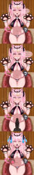 Rule 34 | 1girl, 4panels, absurdres, after fellatio, alternate hairstyle, angry, animal ear fluff, animal ears, animal hands, breasts, cat ears, cat paws, cat tail, clenched teeth, comic, condom, cum, cum in mouth, cum on body, cum on breasts, cum on hair, cum on tongue, cum on upper body, death-sensei (mori calliope), domination, eddarxart, facing viewer, furrowed brow, halterneck, heart, heart-shaped pupils, highres, hololive, hololive english, holomyth, hypnosis, incoming attack, instant loss, kissy face, large breasts, looking at viewer, mind break, mind control, mori calliope, official alternate hairstyle, on ground, open mouth, ovaries, ovum, pendulum, penis awe, penis shadow, pillow, pink hair, pink pubic hair, pubic hair, pubic hair on face, pubic hair peek, puckered lips, red eyes, scrunchie, sitting, skindentation, skull, skull print, slave, speech bubble, straight-on, stray pubic hair, submission, symbol-shaped pupils, tail, talking, talking to viewer, teeth, thank you, thick thighs, thighs, tiara, tongue, tongue out, twintails, used condom, uterus, virtual youtuber, waiting for cum, womb reaction, wooden floor, wooden wall