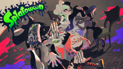 Rule 34 | + +, 4girls, alternate costume, arm support, backless dress, backless outfit, boots, callie (splatoon), candelabra, candle, candlestand, cephalopod eyes, colored skin, costume, crown, dark-skinned female, dark skin, dress, expressionless, fish, fork, half-closed eyes, halloween, hand on own chin, hat, head rest, highres, horns, ink, inkling, inkling player character, inoue seita, knee boots, logo, long hair, long sleeves, looking at viewer, marie (splatoon), marina (splatoon), mole, mole under eye, mole under mouth, multicolored skin, multiple girls, nintendo, object on head, octoling, octoling player character, official art, on floor, pantyhose, pearl (splatoon), pink eyes, pink pupils, plate, pointy ears, sitting, sleeveless, sleeveless dress, smile, splatoon (series), splatoon 1, splatoon 2, striped clothes, striped legwear, striped pantyhose, suction cups, table, tentacle hair