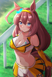 Rule 34 | 1girl, ahoge, animal ears, arms at sides, blue eyes, blush, breasts, brown hair, choker, cleavage, closed mouth, crop top, elbow gloves, fingerless gloves, gloves, grass, hairband, halterneck, highres, horse ears, horse girl, horse tail, kayama kenji, long hair, looking at viewer, medium breasts, midriff, mihono bourbon (mission mental nutrition) (umamusume), mihono bourbon (umamusume), navel, outdoors, shirt, shorts, smile, solo, standing, tail, umamusume, upper body, white shorts, yellow gloves