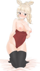 Rule 34 | 1girl, absurdres, animal ears, bad id, bad pixiv id, bed sheet, black eyes, black thighhighs, blonde hair, blush, breasts, commentary request, full body, highres, kemono friends, kneeling, kona ming, large breasts, leotard, leotard pull, looking at viewer, medium hair, nipples, no armor, ponytail, red leotard, rhinoceros ears, simple background, skindentation, smile, solo, thigh gap, thighhighs, white background, white rhinoceros (kemono friends)