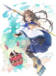 Rule 34 | 1girl, :d, adjusting eyewear, aidumi, anchor, black gloves, blue skirt, boots, braid, brown hair, finger on eyewear, finger on glasses, full body, glasses, gloves, hair ornament, holding, holding polearm, holding spear, holding weapon, mask, official art, open mouth, oshiro project:re, oshiro project:re, pantyhose, partially fingerless gloves, platform boots, platform footwear, pleated skirt, pointing, pointing forward, polearm, red-framed eyewear, red eyes, skirt, smile, spear, transparent background, wakimoto (oshiro project), weapon