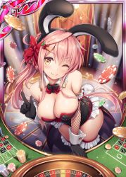 Rule 34 | 1girl, ;), akkijin, animal ears, arm support, bare shoulders, black bow, black bowtie, black gloves, black hairband, black thighhighs, blush, bow, bowtie, braid, breasts, card (medium), carrot, carrot hair ornament, casino, cleavage, closed mouth, detached collar, fake animal ears, fake tail, falling, fishnets, food-themed hair ornament, fortuna (shinkai no valkyrie), frilled leotard, frilled thighhighs, frills, from above, gloves, hair between eyes, hair ornament, hairband, hand up, head tilt, index finger raised, indoors, lace, large breasts, leaning forward, legs together, leotard, light smile, long hair, looking at viewer, official art, one eye closed, pink hair, playboy bunny, poker chip, ponytail, rabbit ears, rabbit tail, red bow, red bowtie, roulette, roulette table, shinkai no valkyrie, sideboob, sidelocks, smile, solo, sparkle, standing, straight hair, strapless, strapless leotard, table, tail, thighhighs, very long hair, waist cape, wrist cuffs, yellow eyes