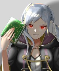 Rule 34 | 1girl, book, cape, fire emblem, fire emblem awakening, grima (fire emblem), hood, long hair, looking at viewer, nintendo, open mouth, red eyes, robe, robin (female) (fire emblem), robin (fire emblem), simple background, smile, spoilers, super smash bros., tpicm, twintails, white hair