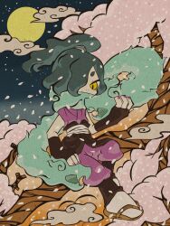 Rule 34 | 1boy, cherry blossoms, cloud, falling petals, fingerless gloves, full moon, gloves, grey hair, japanese clothes, male focus, moon, night, nonana (mikudrop), nostrils, orochi (youkai watch), outdoors, petals, ponytail, purple nails, sandals, smoke, socks, solo, tree, white socks, youkai watch, zouri