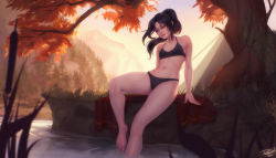 Rule 34 | 1girl, autumn leaves, barefoot, bikini, black bikini, black hair, blurry, blurry background, blurry foreground, breasts, brown eyes, commission, forest, highres, lips, long hair, mountainous horizon, nature, navel, original, outdoors, personal ami, ponytail, sitting, small breasts, smile, soaking feet, solo, swimsuit, water