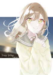 Rule 34 | 1girl, absurdres, artist name, artist request, blue sky, blush, bow, bowtie, breasts, brown eyes, brown hair, buttons, cardigan, cloud, collarbone, day, eyebrows, female focus, floating hair, grey sailor collar, hair between eyes, highres, kunikida hanamaru, light brown hair, long hair, long sleeves, looking at viewer, love live!, love live! sunshine!!, medium breasts, nail, nail polish, orange bow, outdoors, parted lips, pink nails, sailor collar, school uniform, skirt, sky, sleeves past wrists, smile, solo, sweater, upper body, uranohoshi school uniform, vest, wavy hair, yellow cardigan, yellow eyes, yellow sweater