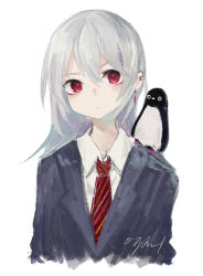 Rule 34 | 1girl, animal, animal on shoulder, bird, black jacket, blazer, blush, closed mouth, collared shirt, commentary request, cropped torso, diagonal-striped clothes, diagonal-striped necktie, diagonal-striped neckwear, grey hair, hair between eyes, highres, jacket, long hair, looking at viewer, necktie, ogami ren, original, penguin, red eyes, red necktie, shirt, signature, simple background, solo, striped clothes, striped necktie, striped neckwear, upper body, white background, white shirt