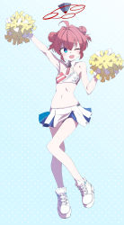 Rule 34 | 1girl, ;d, ahoge, arms up, bare shoulders, blue archive, blue eyes, breasts, cheering, cheerleader, clothes writing, cosplay, crop top, double bun, full body, fumino5jyo, hair between eyes, hair bun, halo, highres, holding, holding pom poms, light blush, looking at viewer, maki (blue archive), midriff, millennium cheerleader outfit (blue archive), name tag, one eye closed, open mouth, pleated skirt, polka dot, polka dot background, pom pom (cheerleading), pom poms, red hair, shoes, short hair, sidelocks, simple background, skirt, small breasts, smile, sneakers, solo, standing, standing on one leg