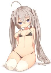 Rule 34 | 1girl, :o, ahoge, bikini, black bikini, blue eyes, blush, breasts, grey hair, hair between eyes, highres, looking at viewer, navel, original, ruiten, simple background, sitting, small breasts, solo, swimsuit, thick thighs, thighhighs, thighs, twintails, white background, white thighhighs, wide hips