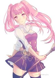 Rule 34 | 1girl, belt, breasts, closed mouth, female focus, fire emblem, fire emblem: three houses, fruitfroze, garreg mach monastery uniform, highres, hilda valentine goneril, holding, long hair, matching hair/eyes, medium breasts, nintendo, pink eyes, pink hair, short sleeves, simple background, smile, solo, thighhighs, thighs, twintails, twitter username, uniform, watermark, white background, zettai ryouiki