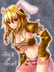 Rule 34 | 10s, 1girl, animal ears, bandeau bikini, blonde hair, blush, braid, breasts, brown eyes, bunny (trickster), cleavage, collar, covered erect nipples, detached sleeves, grey background, halloween, highres, large breasts, leaning forward, midriff, navel, panties, rabbit ears, rabbit tail, see-through, skirt, solo, striped clothes, striped panties, tail, trick or treat, trickster (ntreev soft), tsuukounin (pixiv 39749), underwear
